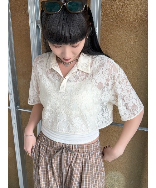 ELCHELE(エルチェレ)の「LACE POLO SHIRT(Tシャツ/カットソー・レディース・オフホワイト/ブラック/ベビーピンク・FREE)」の13枚目の写真