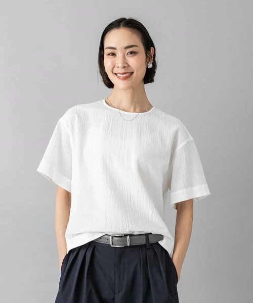 MICHEL KLEIN(ミッシェル・クラン)の「シアーTブラウス(シャツ/ブラウス・レディース・ホワイト/ライトグレー/ブラック・38/40)」の1枚目の写真