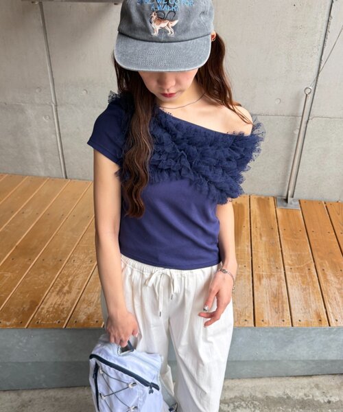 w closet（ダブルクローゼット）の「フリフリドットチュールTシャツ　夏服（Tシャツ/カットソー・レディース・ブラック/ブルー/ブラウン/ネイビー/グレー/オフホワイト・FREE）」の5枚目の写真