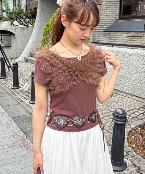 w closet（ダブルクローゼット）の「フリフリドットチュールTシャツ　夏服（Tシャツ/カットソー・レディース・ブラック/ブルー/ブラウン/ネイビー/グレー/オフホワイト・FREE）」の4枚目の写真