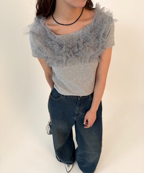 w closet（ダブルクローゼット）の「フリフリドットチュールTシャツ　夏服（Tシャツ/カットソー・レディース・ブラック/ブルー/ブラウン/ネイビー/グレー/オフホワイト・FREE）」の3枚目の写真
