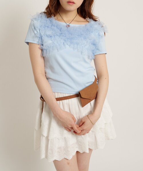 w closet（ダブルクローゼット）の「フリフリドットチュールTシャツ　夏服（Tシャツ/カットソー・レディース・ブラック/ブルー/ブラウン/ネイビー/グレー/オフホワイト・FREE）」の6枚目の写真