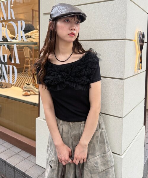 w closet（ダブルクローゼット）の「フリフリドットチュールTシャツ　夏服（Tシャツ/カットソー・レディース・ブラック/ブルー/ブラウン/ネイビー/グレー/オフホワイト・FREE）」の2枚目の写真