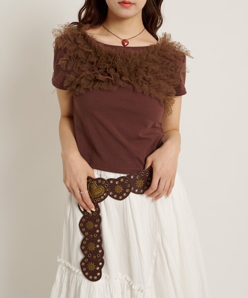 w closet（ダブルクローゼット）の「フリフリドットチュールTシャツ　夏服（Tシャツ/カットソー・レディース・ブラック/ブルー/ブラウン/ネイビー/グレー/オフホワイト・FREE）」の7枚目の写真