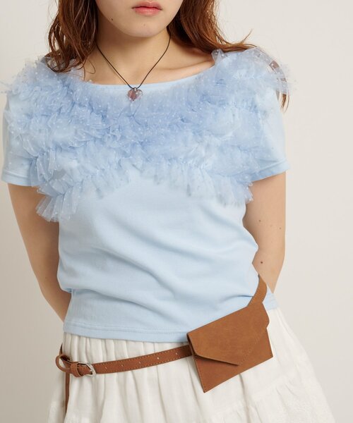 w closet（ダブルクローゼット）の「フリフリドットチュールTシャツ　夏服（Tシャツ/カットソー・レディース・ブラック/ブルー/ブラウン/ネイビー/グレー/オフホワイト・FREE）」の20枚目の写真