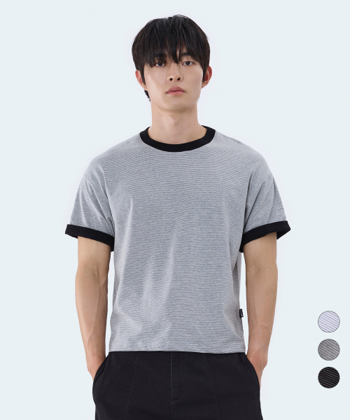 YOSEMITE(ヨセミティ)の「ストライプ配色ロールアップリンガークロップ半袖Tシャツ3カラーYT-3Y27(Tシャツ/カットソー・メンズ・ホワイト/ブラック/グレー・MEDIUM/LARGE/X-LARGE)」の4枚目の写真