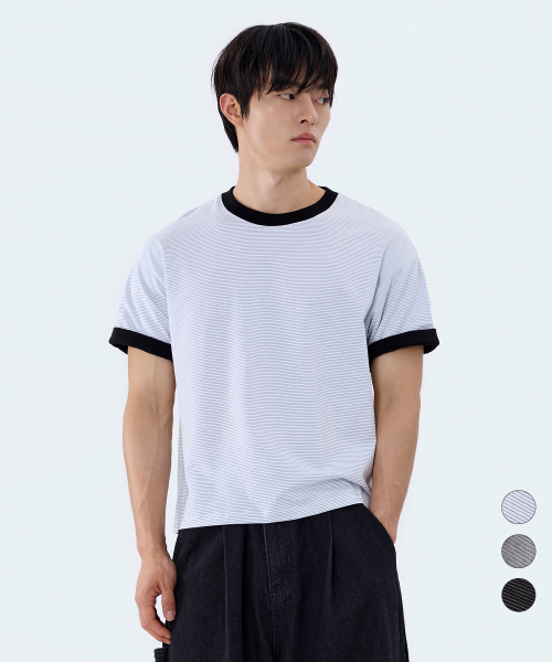 YOSEMITE(ヨセミティ)の「ストライプ配色ロールアップリンガークロップ半袖Tシャツ3カラーYT-3Y27(Tシャツ/カットソー・メンズ・ホワイト/ブラック/グレー・MEDIUM/LARGE/X-LARGE)」の5枚目の写真