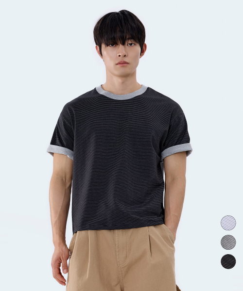 YOSEMITE(ヨセミティ)の「ストライプ配色ロールアップリンガークロップ半袖Tシャツ3カラーYT-3Y27(Tシャツ/カットソー・メンズ・ホワイト/ブラック/グレー・MEDIUM/LARGE/X-LARGE)」の6枚目の写真