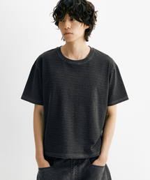 ピグメントストライプクロップ半袖Tシャツ(チャコール)