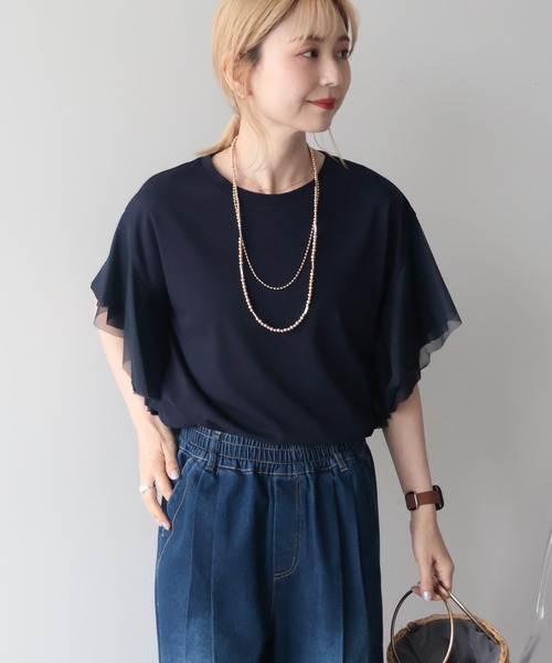AMERICAN HOLIC(アメリカンホリック)の「【WEB限定】袖チュールサイドスリットプルオーバー(その他トップス・レディース・アイボリー/ネイビー/ブラック・L/M)」の1枚目の写真