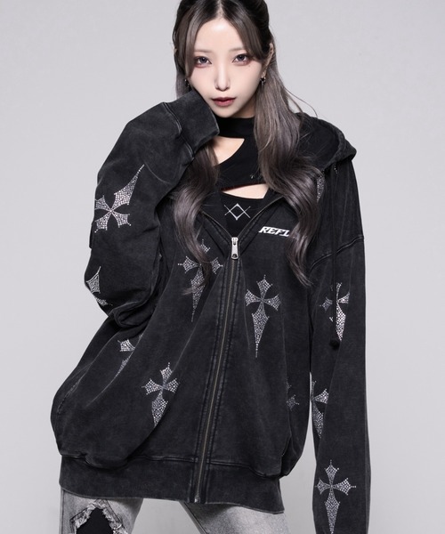 REFLEM/レフレム クロス総柄ラインストーンZIPフーディー/ジップパーカー REFLEM/レフレム』クロス総柄ラインストーンZIPフーディー/ジップ