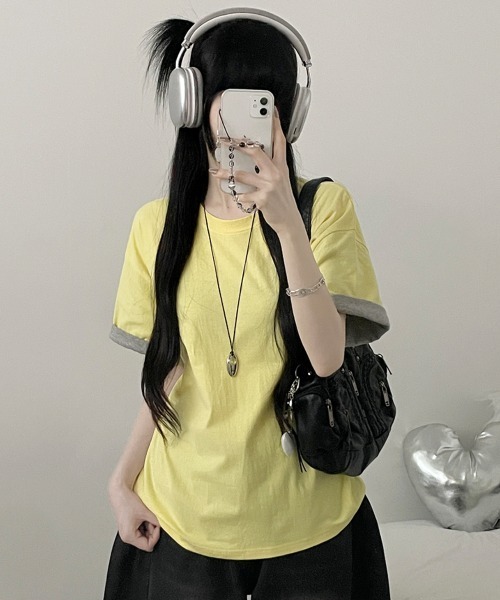 Emilie(エミリー)の「2WAY ロールアップバイカラー オーバーサイズ 半袖Tシャツ(Tシャツ/カットソー・レディース・ミント/ワイン/イエロー/ネイビー・FREE)」の7枚目の写真