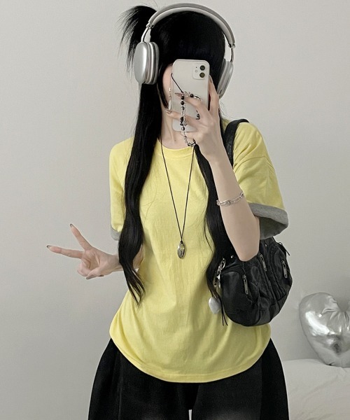 Emilie(エミリー)の「2WAY ロールアップバイカラー オーバーサイズ 半袖Tシャツ(Tシャツ/カットソー・レディース・ミント/ワイン/イエロー/ネイビー・FREE)」の8枚目の写真