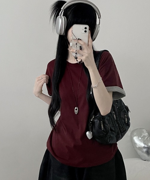 Emilie(エミリー)の「2WAY ロールアップバイカラー オーバーサイズ 半袖Tシャツ(Tシャツ/カットソー・レディース・ミント/ワイン/イエロー/ネイビー・FREE)」の12枚目の写真