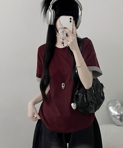 Emilie(エミリー)の「2WAY ロールアップバイカラー オーバーサイズ 半袖Tシャツ(Tシャツ/カットソー・レディース・ミント/ワイン/イエロー/ネイビー・FREE)」の13枚目の写真