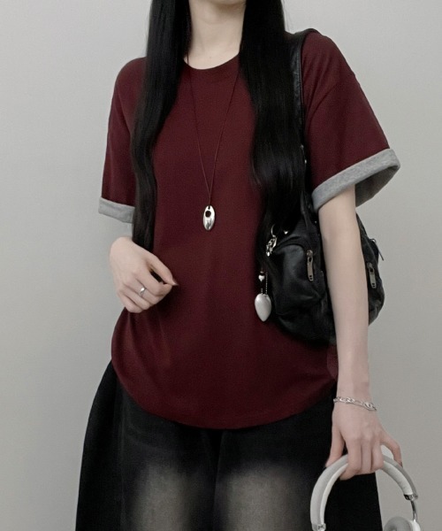 Emilie(エミリー)の「2WAY ロールアップバイカラー オーバーサイズ 半袖Tシャツ(Tシャツ/カットソー・レディース・ミント/ワイン/イエロー/ネイビー・FREE)」の15枚目の写真