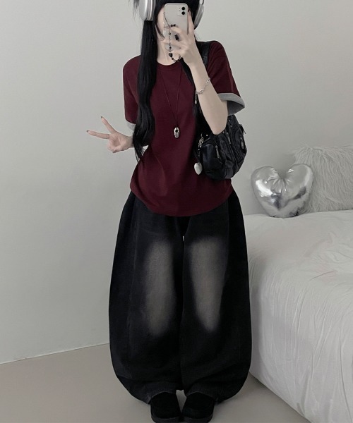 Emilie(エミリー)の「2WAY ロールアップバイカラー オーバーサイズ 半袖Tシャツ(Tシャツ/カットソー・レディース・ミント/ワイン/イエロー/ネイビー・FREE)」の17枚目の写真