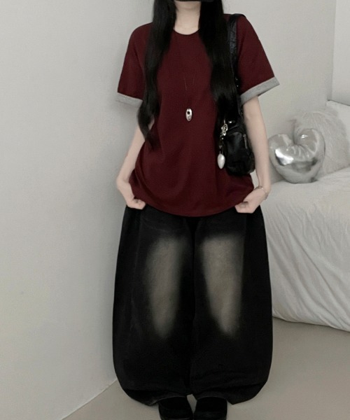 Emilie(エミリー)の「2WAY ロールアップバイカラー オーバーサイズ 半袖Tシャツ(Tシャツ/カットソー・レディース・ミント/ワイン/イエロー/ネイビー・FREE)」の18枚目の写真