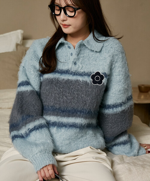 MARY QUANT（マリークワント）の「MARY QUANT × PUBLUX/マリークワント 別注 相良 ワッペン ボーダー シャギー ポロ ニット　限定展開（ニット/セーター・レディース・グレー/ピンク/サックスブルー/ナチュラル・ﾌﾘ-）」の8枚目の写真