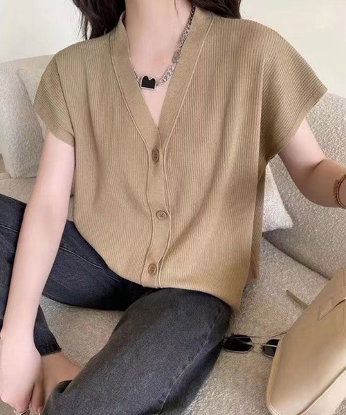 Amulet(アミュレット)の「程よいゆとりと首回りで着痩せも期待◎ リブVネックフレンチスリーブカーディガン(カーディガン/ボレロ・レディース・ベージュ/ブラウン/ブラック/ブルー/グリーン/アイボリー・FREE)」の21枚目の写真