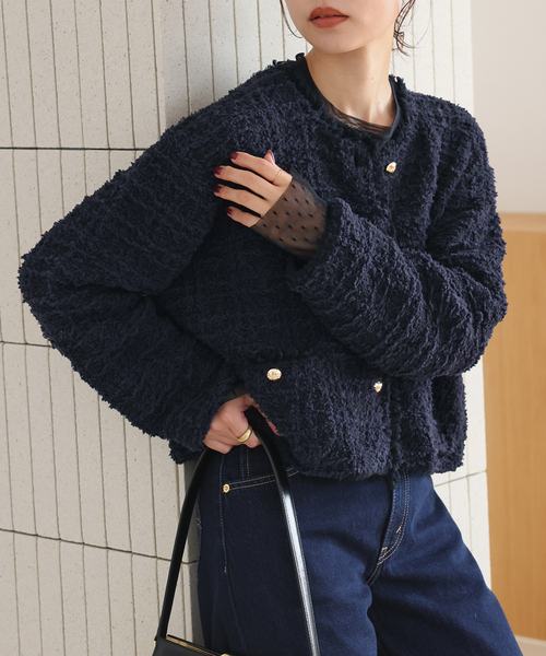SLOBE IENA(スローブイエナ)の「《追加》ツイードニットジャケット(カーディガン/ボレロ・レディース・ホワイト/ネイビー・FREE)」の2枚目の写真