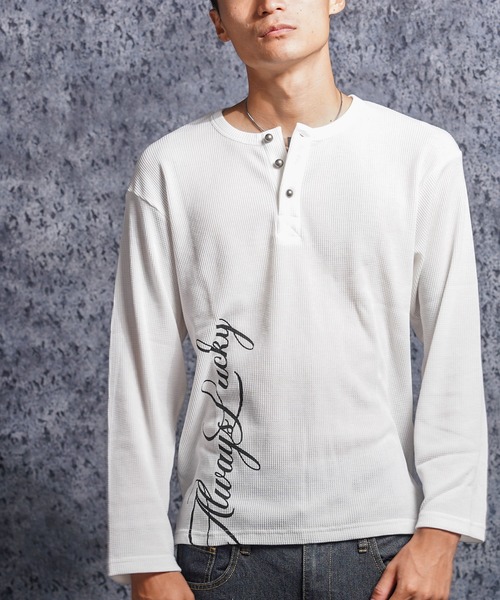 1111clothing（ワンフォークロージング）の「レタリング ヘンリーネック サーマルロンT / Lettering Henley Neck Thermal Long Sleeve T-Shirt（Tシャツ/カットソー・メンズ・ホワイト系1/ホワイト系2/ブラック系1/ブラック系2・S/M/L）」の18枚目の写真