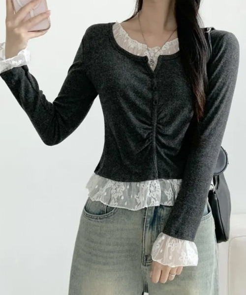 VIVID LADY（ビビッドレディー）の「レースドッキング シャーリング長袖トップス（Tシャツ/カットソー・レディース・チャコールグレー/ブラック・FREE）」の15枚目の写真