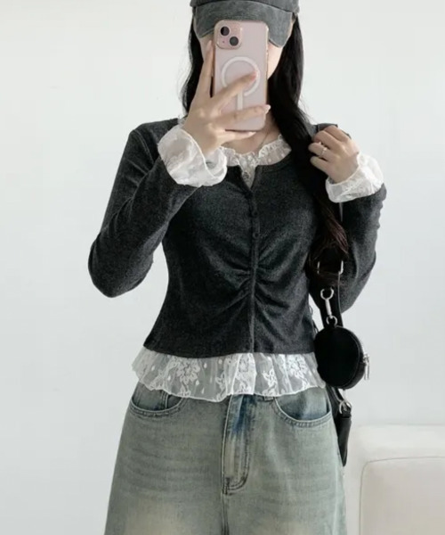 VIVID LADY（ビビッドレディー）の「レースドッキング シャーリング長袖トップス（Tシャツ/カットソー・レディース・チャコールグレー/ブラック・FREE）」の16枚目の写真