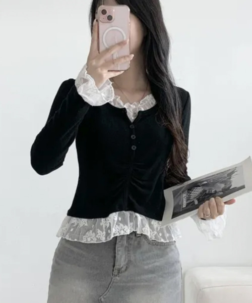 VIVID LADY（ビビッドレディー）の「レースドッキング シャーリング長袖トップス（Tシャツ/カットソー・レディース・チャコールグレー/ブラック・FREE）」の6枚目の写真