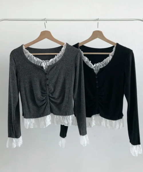 VIVID LADY（ビビッドレディー）の「レースドッキング シャーリング長袖トップス（Tシャツ/カットソー・レディース・チャコールグレー/ブラック・FREE）」の8枚目の写真