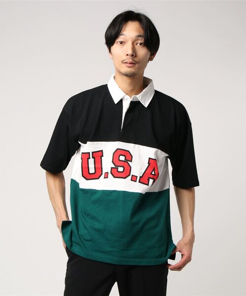 STYLEBLOCK（スタイルブロック）の「切替ロゴプリントビッグシルエット半袖ラガーシャツ（ポロシャツ・メンズ・オフホワイト/グリーン/ブラック/レッド・M/L）」の9枚目の写真