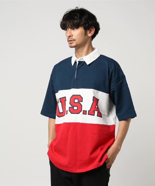 STYLEBLOCK（スタイルブロック）の「切替ロゴプリントビッグシルエット半袖ラガーシャツ（ポロシャツ・メンズ・オフホワイト/グリーン/ブラック/レッド・M/L）」の10枚目の写真