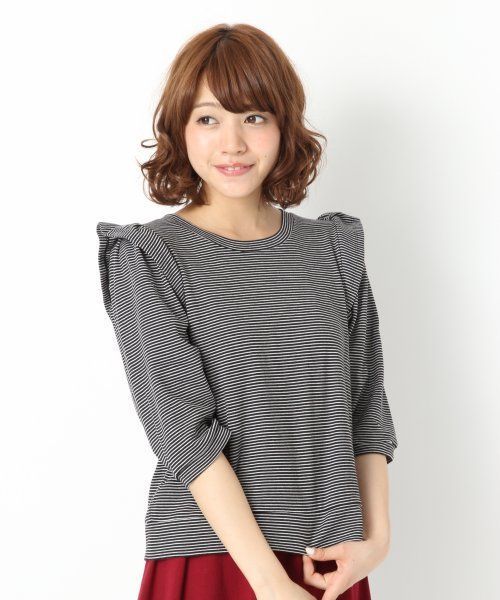Heather（ヘザー）の「【期間限定プライス】カタフリルボーダー7分袖　550321（Tシャツ/カットソー・レディース・ブラック系その他/グリーン系その他/グレー・FREE）」の2枚目の写真