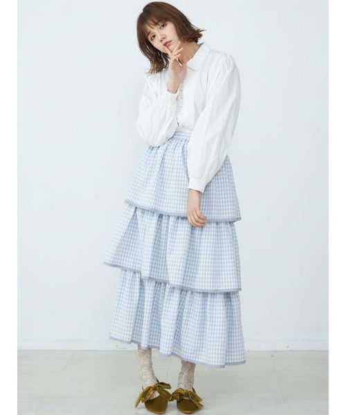 merry jenny（メリージェニー）の「はるいろチェックティアードロングスカート（スカート・レディース・ブラック/ライトブルー/ベージュ・FREE）」の12枚目の写真