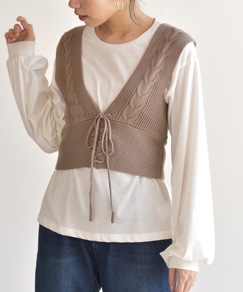 rps(アールピーエス)の「インナーSETケーブルニットベスト(ベスト・レディース・ベージュ/パープル/モカ・M)」の2枚目の写真