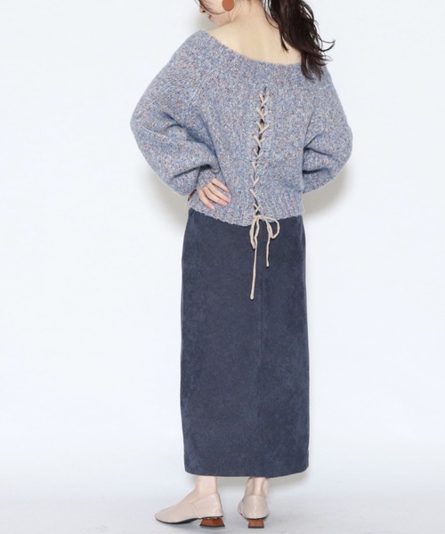 HONEYMEWグレー レースアップニットセーター セール】【洗える/静電気軽減】ちくちくしにくい レースアップ畦編み