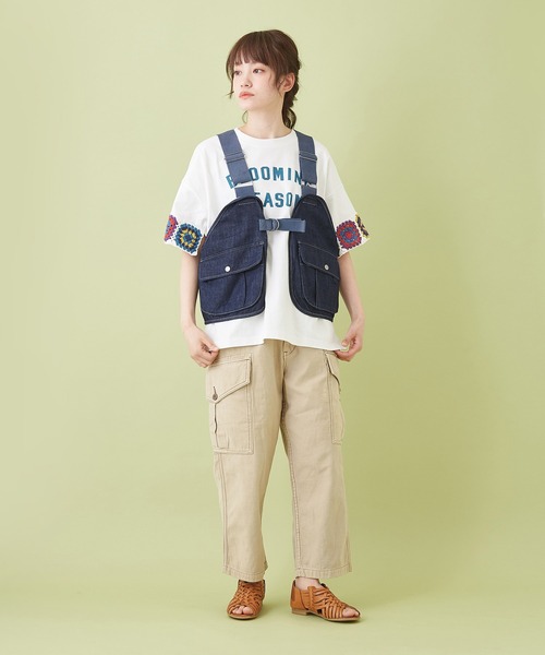 CUBE SUGAR（キューブシュガー）の「ムラ糸 バックサテン ９分丈 イージー カーゴパンツ（カーゴパンツ・レディース・カーキ/ベージュ/サックスブルー/ネイビー・S/M）」の8枚目の写真