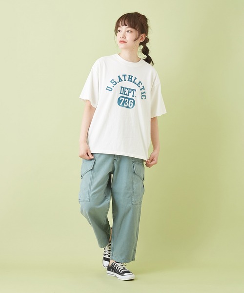 CUBE SUGAR（キューブシュガー）の「ムラ糸 バックサテン ９分丈 イージー カーゴパンツ（カーゴパンツ・レディース・カーキ/ベージュ/サックスブルー/ネイビー・S/M）」の14枚目の写真