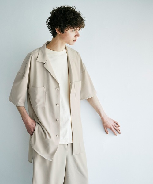 EMMA CLOTHES（エマクローズ）の「【セットアップ】ブライトポプリン ビッグシルエット ラペルCPOサイドスリットロング丈半袖シャツ＆1タックワイドショーツ（セットアップ・メンズ・ブラック/ベージュ/ライラック/グレイッシュベージュ/キナリ・FREE）」の8枚目の写真