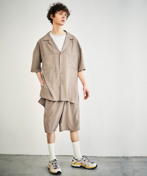 EMMA CLOTHES（エマクローズ）の「【セットアップ】ブライトポプリン ビッグシルエット ラペルCPOサイドスリットロング丈半袖シャツ＆1タックワイドショーツ（セットアップ・メンズ・ブラック/ベージュ/ライラック/グレイッシュベージュ/キナリ・FREE）」の16枚目の写真