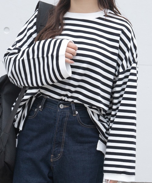 PairPair(ペアペア)の「ワイドスリーブボーダーロンT(レディース/リンクアイテム)(Tシャツ/カットソー・レディース・ブルー/ブラック/モカ・FREE)」の2枚目の写真