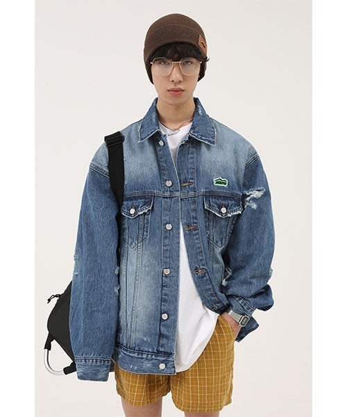 MASONPRINCE（メイソンプリンス）の「【MASONPRINCE】Green label logo Damaged denim jacket NZY0965（デニムジャケット・メンズ・ライトブルー/ブルー・S/L/M/XL）」の2枚目の写真