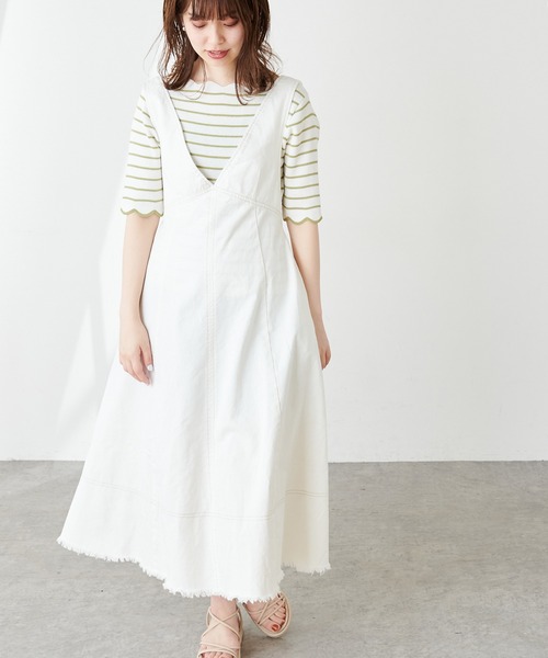 natural couture(ナチュラルクチュール)の「裾フリンジ配色ステッチジャンスカ(ワンピース・レディース・ブラック/ベージュ/インディゴブルー/アイボリー・FREE)」の6枚目の写真