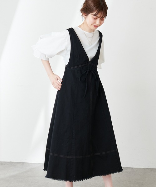 natural couture(ナチュラルクチュール)の「裾フリンジ配色ステッチジャンスカ(ワンピース・レディース・ブラック/ベージュ/インディゴブルー/アイボリー・FREE)」の13枚目の写真