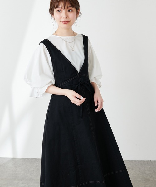 natural couture(ナチュラルクチュール)の「裾フリンジ配色ステッチジャンスカ(ワンピース・レディース・ブラック/ベージュ/インディゴブルー/アイボリー・FREE)」の10枚目の写真