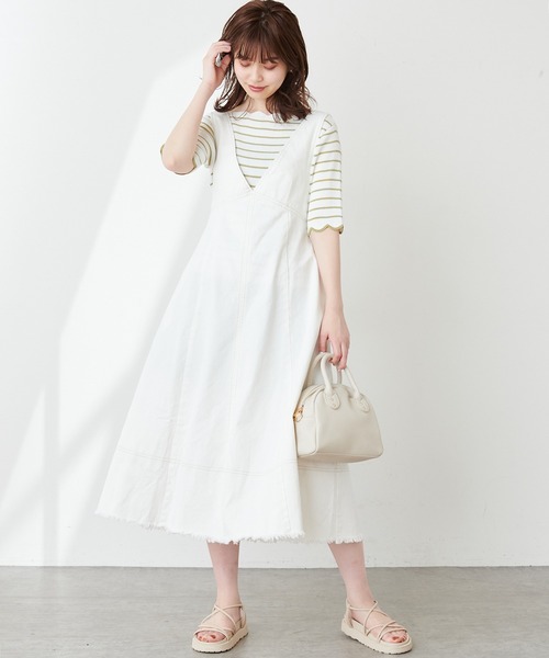 natural couture(ナチュラルクチュール)の「裾フリンジ配色ステッチジャンスカ(ワンピース・レディース・ブラック/ベージュ/インディゴブルー/アイボリー・FREE)」の8枚目の写真