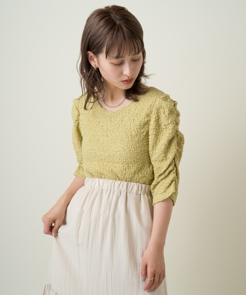 Kastane（カスタネ）の「ジャガードレースシャーリングT（Tシャツ/カットソー・レディース・ネイビー/グリーン/オレンジ/アイボリー/ピンク・FREE）」の7枚目の写真