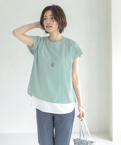 J.PRESS(ジェイプレス)の「【洗える】レイヤード ツインセット(Tシャツ/カットソー・レディース・ベージュ系/ピンク系/スモーキーグリーン系・LARGE/MEDIUM)」の4枚目の写真