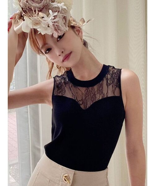 RESEXXY（リゼクシー）の「レース切替ニットトップス（ニット/セーター・レディース・ブラック/レッド/オフホワイト・FREE）」の2枚目の写真