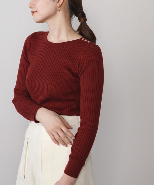 Bou Jeloud（ブージュルード）の「ヒートラウンドネック肩釦リブニット（ニット/セーター・レディース・ブルー/A/アイボリー/ブラック/イエロー/グレー/レッド/ブラウン・FREE）」の7枚目の写真